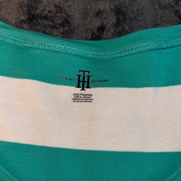 Tommy Hilfiger Women's Teal and White Striped Tee - Picture 3 of 3